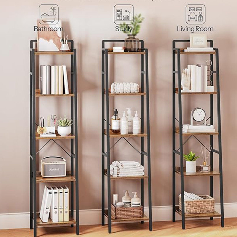 5 Tier Ladder Shelf Narrow Bookshelf Skinny Bookshelf for Small Spaces Rustic Brown and Black 17 Stories